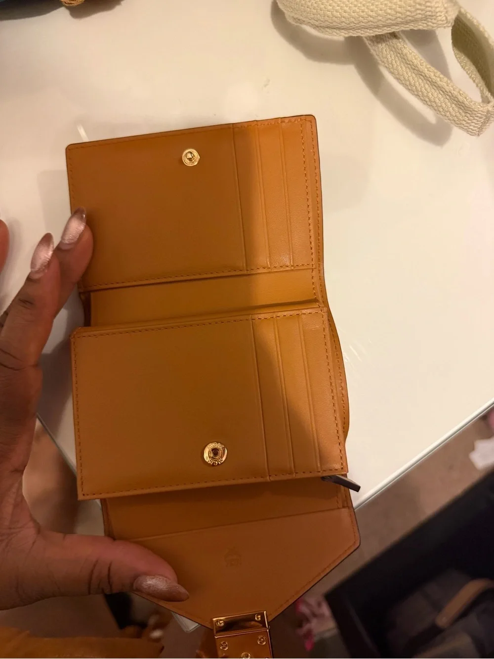 MCM Cognac Logo Envelope Card Holder with Gold Lock